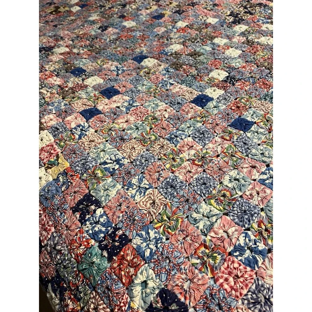 Vintage Yo Yo Yoyo Quilt 80x90 Feedsack Fabrics Handmade 1930’s Cottage Core